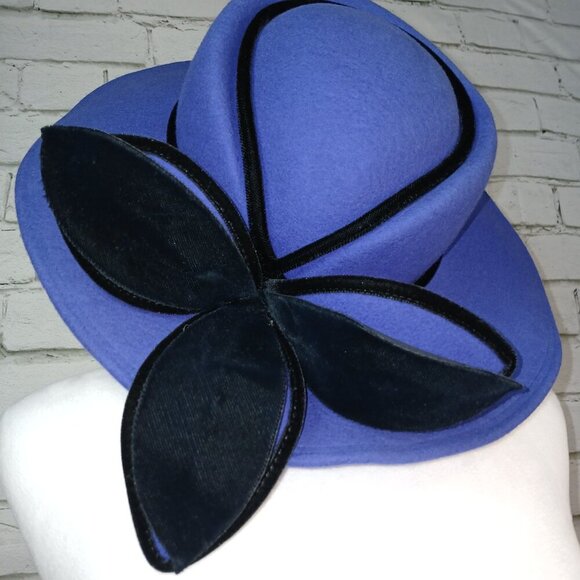 MR D DESIGNER WOOL HAT, WOMEN'S, ELECTRIC BLUE WITH BLACK FLORAL LEAF DESIGN - Picture 12 of 12